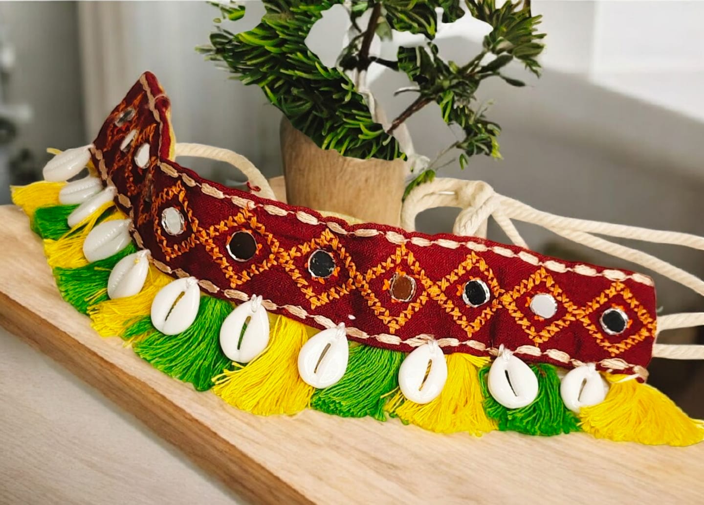 Handmade Fabric Necklace with Cowrie Shells & Tassels