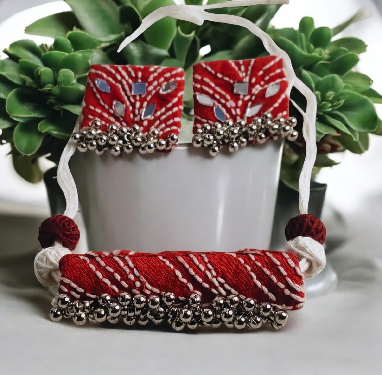 Handmade Red Mirror Work Cloth Jewellery Set – Necklace & Earrings with Silver Beads