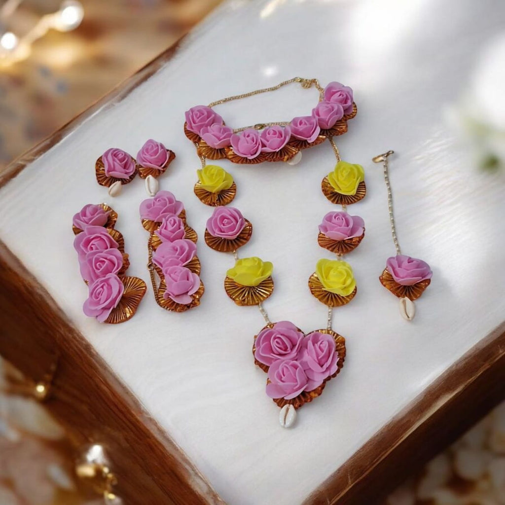 Haldi Floral Jewellery Set – Handmade Pink & Yellow Rose Jewellery for Bride, Haldi & Mehndi Ceremony