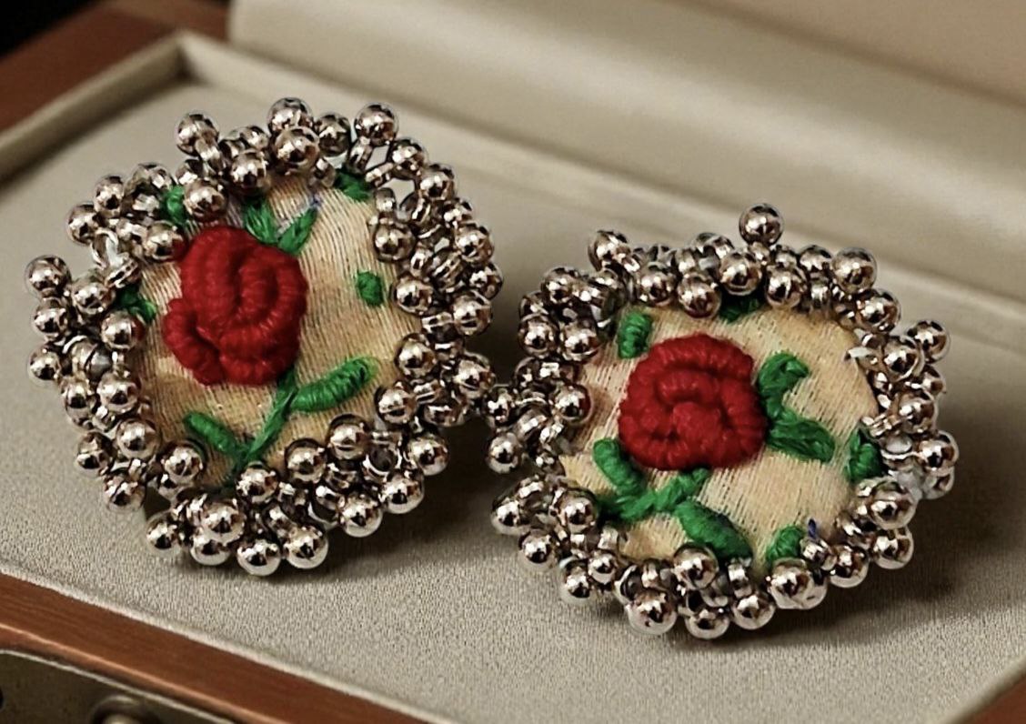 Handcrafted Embroidered Floral Cloth Earrings – Red Rose Design with Silver Bead Border