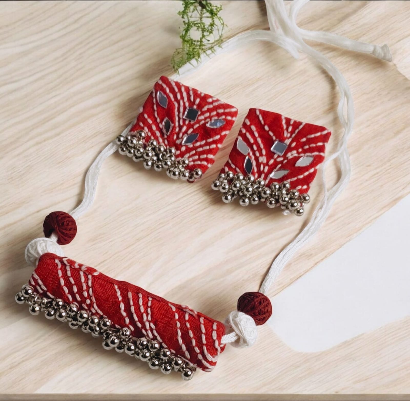 Handmade Red Mirror Work Cloth Jewellery Set – Necklace & Earrings with Silver Beads