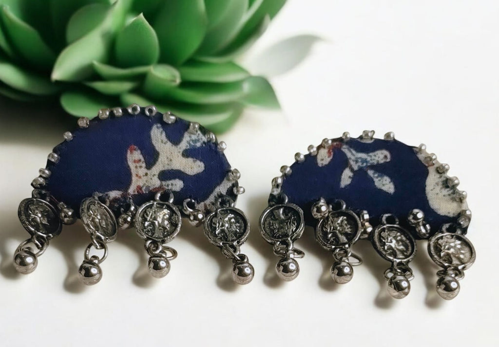 Handmade Indigo Fabric Earrings – Silver Coin Dangle Design
