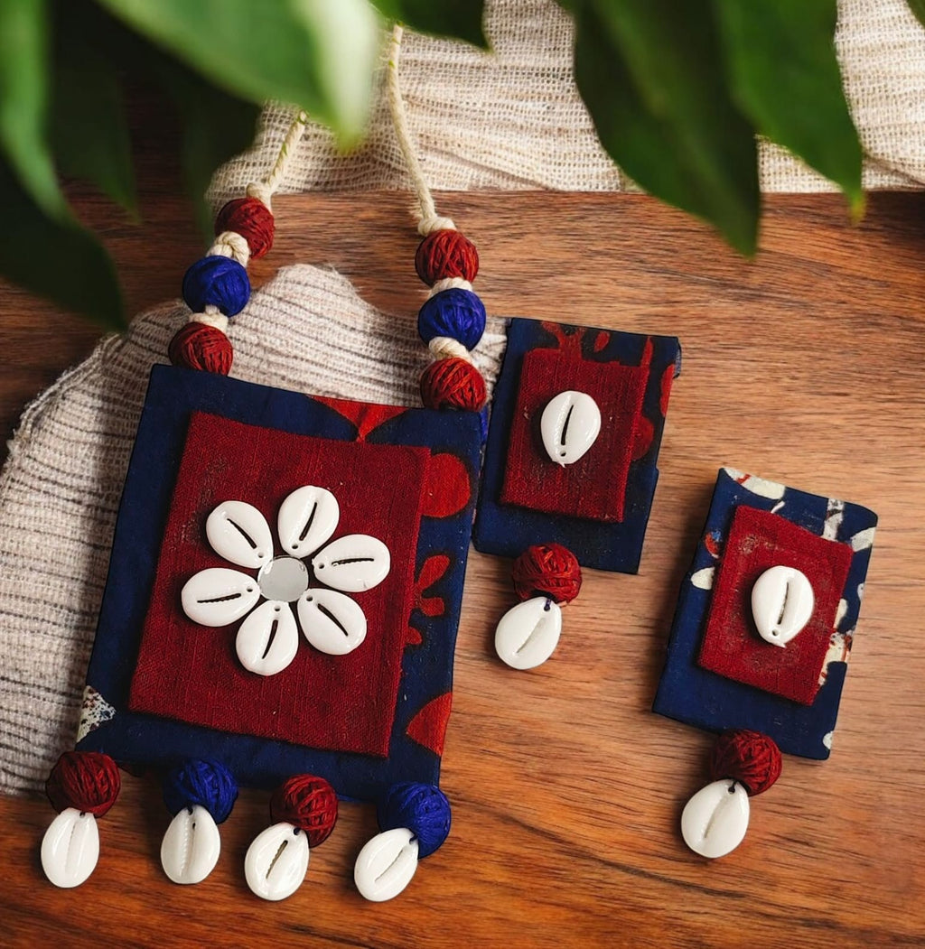 Handmade Red & Blue Cloth Jewellery Set | Cowrie Shell Necklace & Earrings