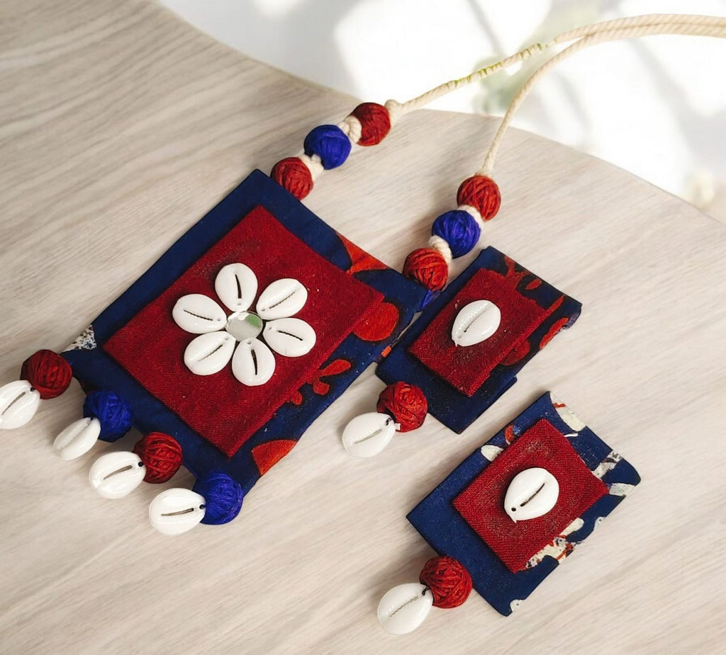 Handmade Red & Blue Cloth Jewellery Set | Cowrie Shell Necklace & Earrings