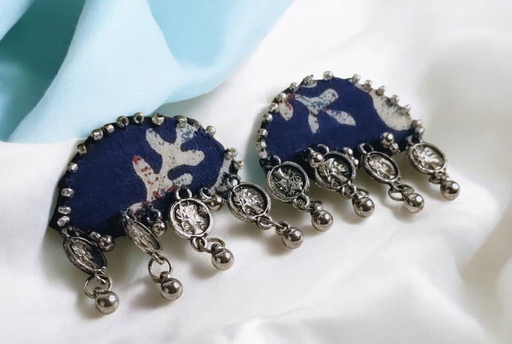 Handmade Indigo Fabric Earrings – Silver Coin Dangle Design