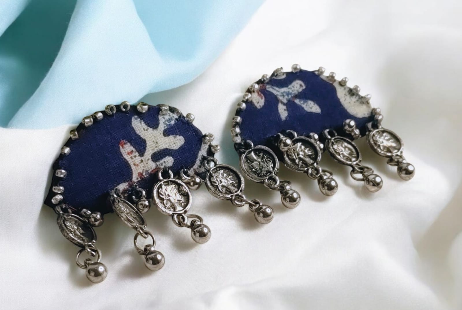 Handmade Indigo Fabric Earrings – Silver Coin Dangle Design
